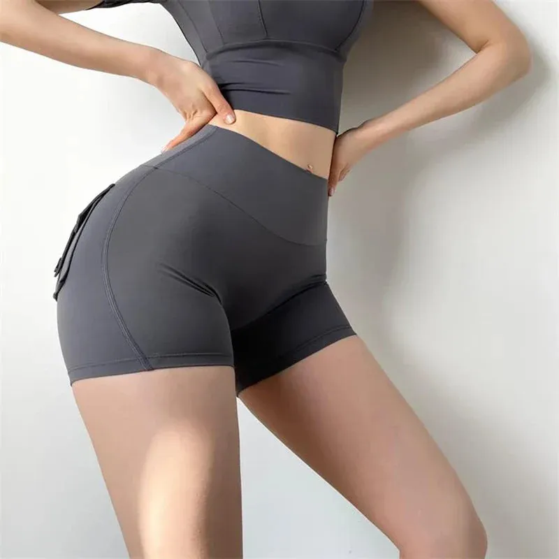 High-Waisted High Stretch Elastic Push Up Sports Short with Pocket in Naked Feeling Fabric for Women