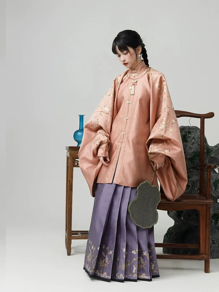 Ju Fen 橘粉 Orange Powder Ming Dynasty Liling Duijin Standing Collar Top & Mamian Aoqun Set