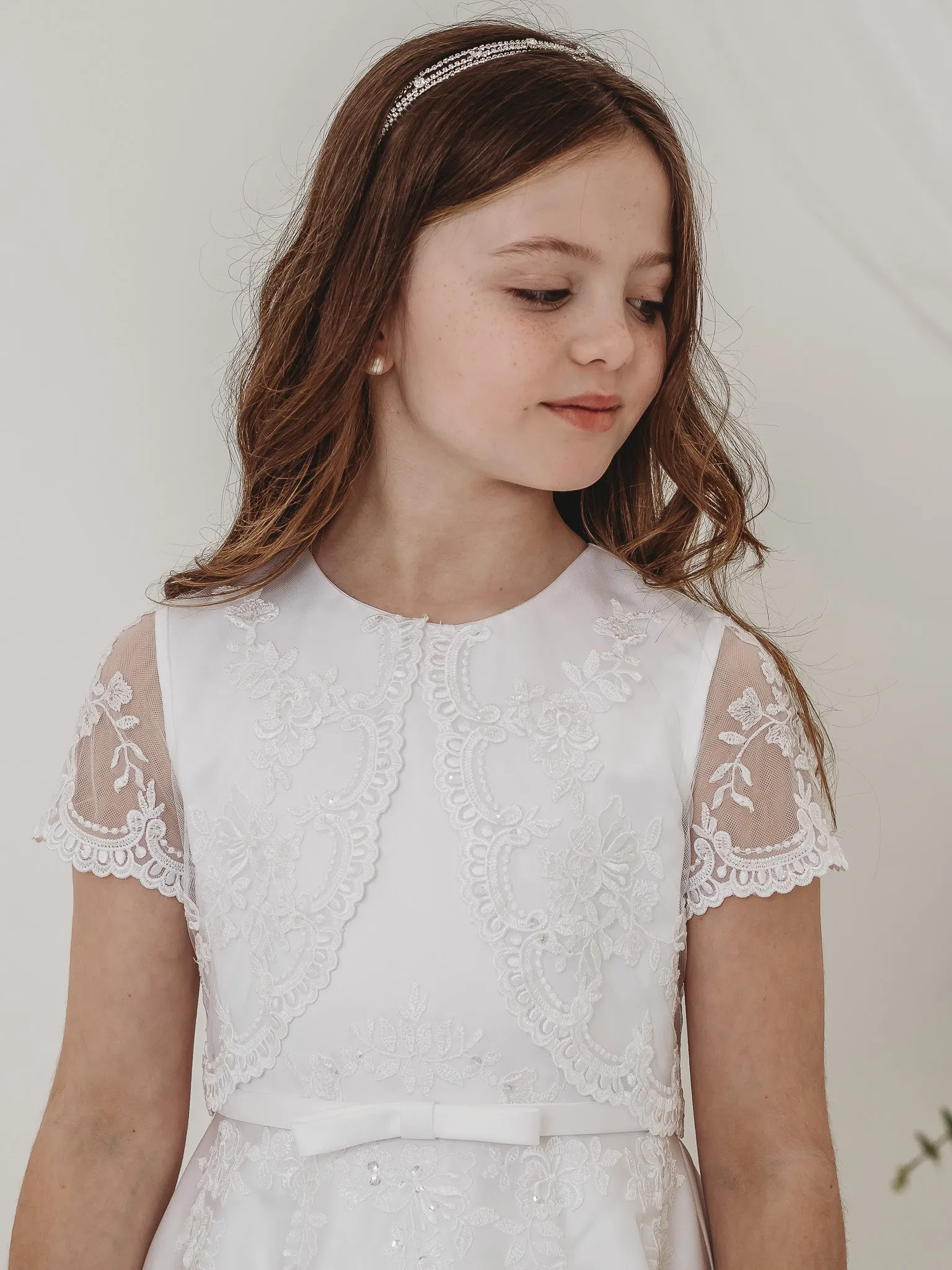 'Juliette' White Floral Lace Bolero Communion Dress