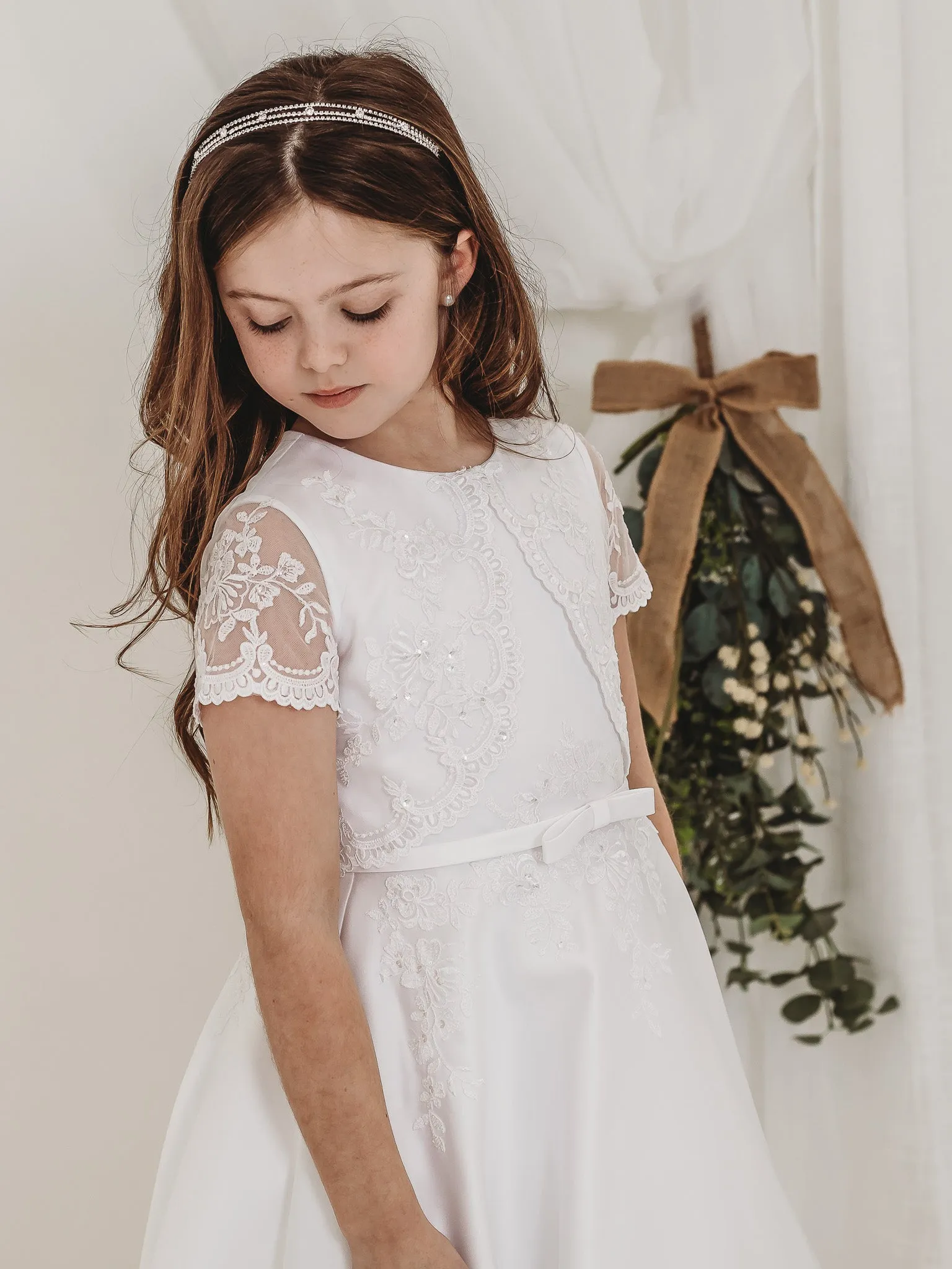 'Juliette' White Floral Lace Bolero Communion Dress