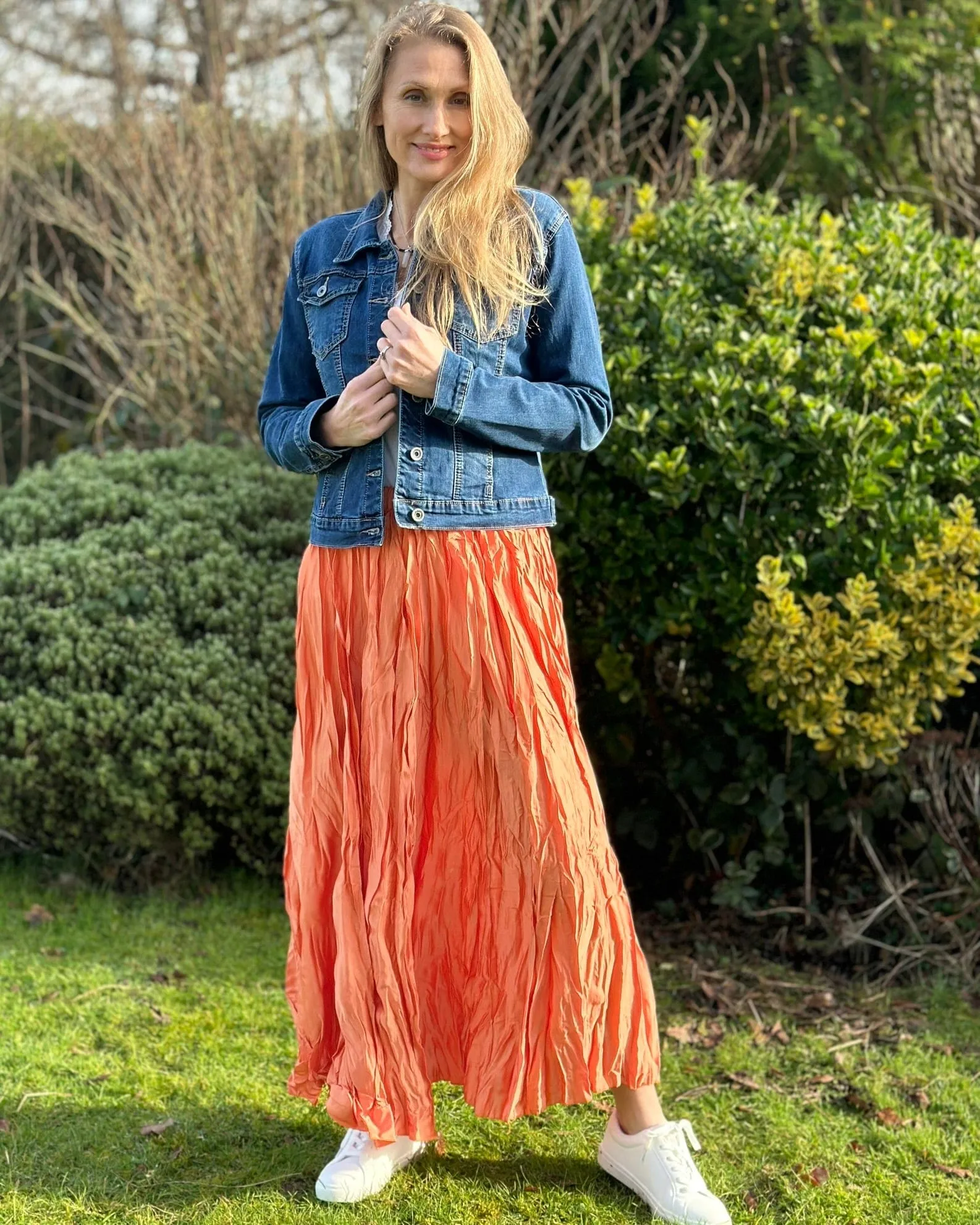 Long Crinkle Satin Skirt - Orange