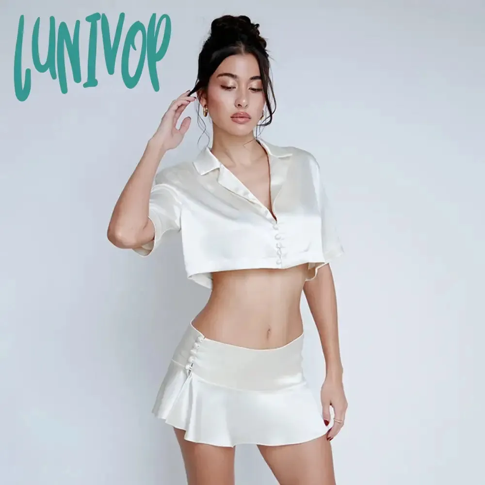 Lunivop  Folds Splice Mini Skirt For Women Solid Buttons Asymmetrical High Waist Pleated Skirt Ladies 2024 New Y2k Skirts Woman