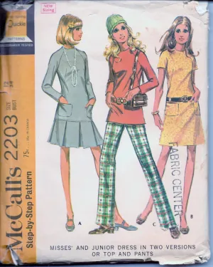 McCalls 2203 Ladies Dress Top Pants Vintage 1960's Sewing Pattern