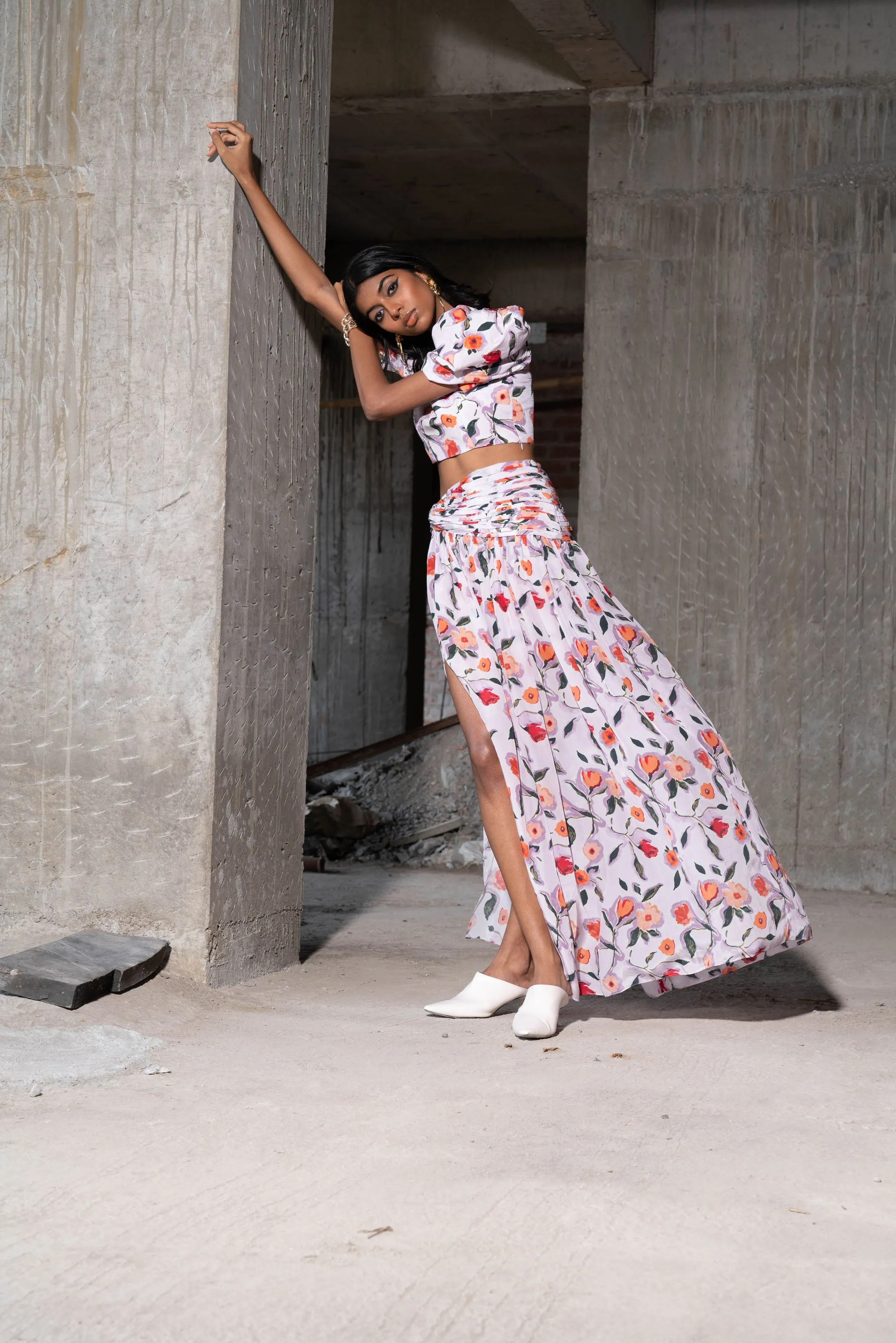 Multicolour Floral Print Long Skirt And Crop Top Set