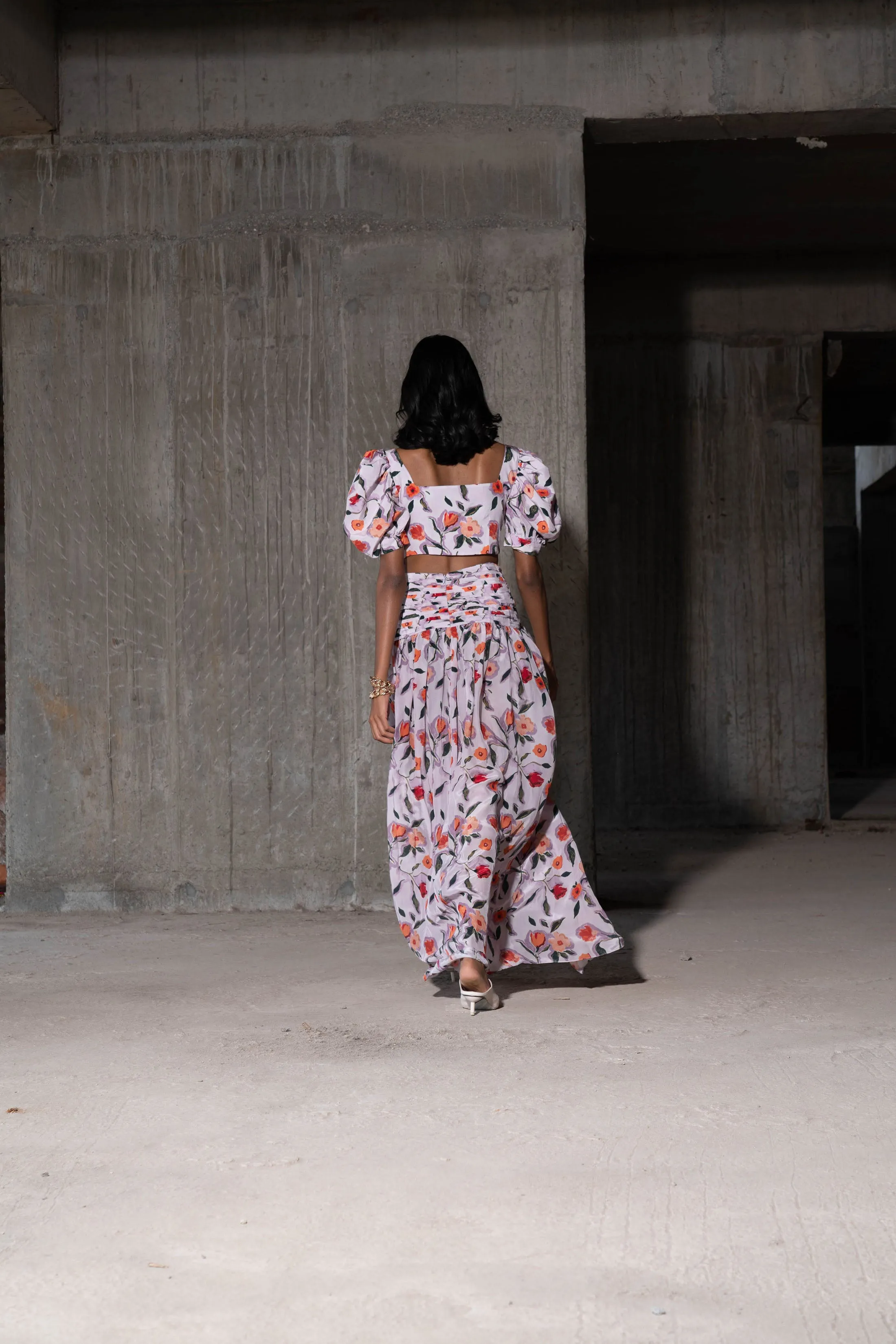 Multicolour Floral Print Long Skirt And Crop Top Set