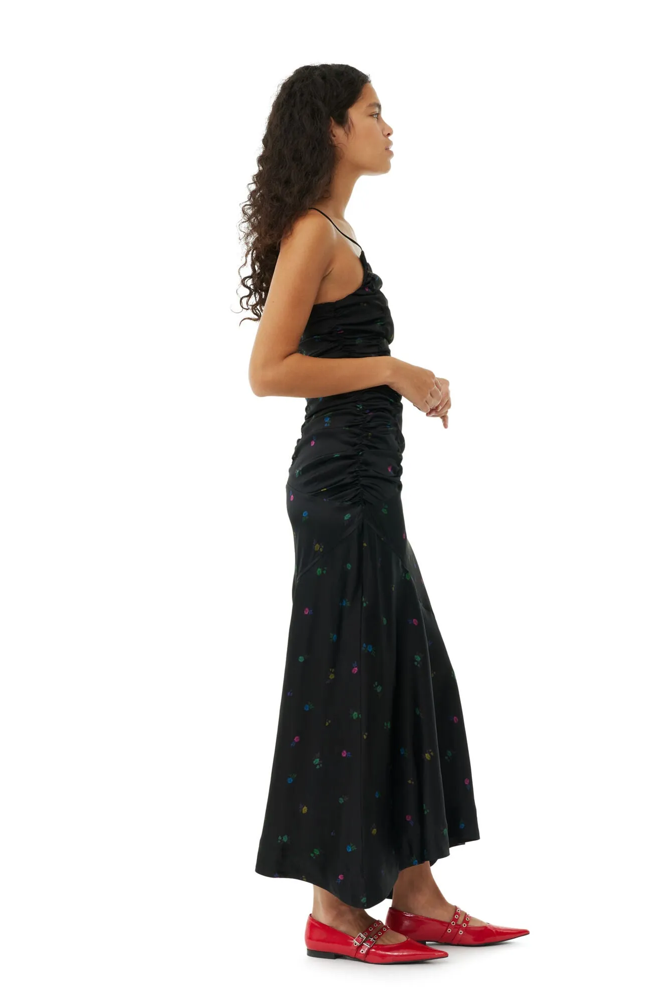 PRINTED SATIN RUCHED LONG SLIP DRESS