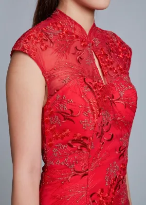 Red Anthurium II Keyhole Bridal Qipao - RTW