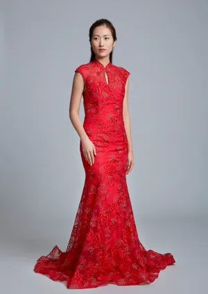 Red Anthurium II Keyhole Bridal Qipao