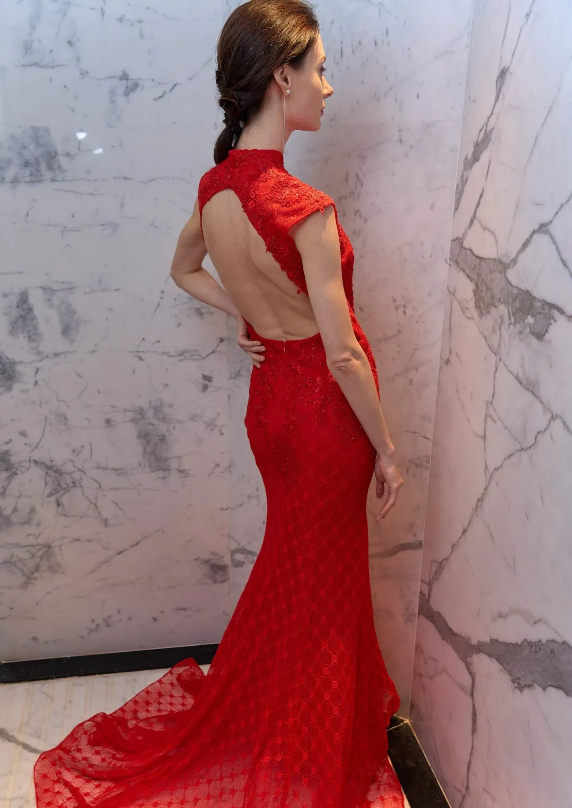 Red Anthurium Keyhole Bridal Qipao