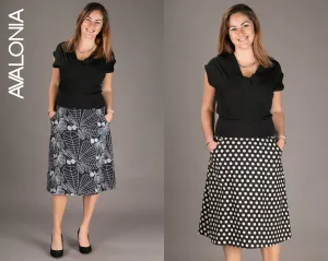 Reversible Midi Skirt Black Floral Polka Print with Pockets