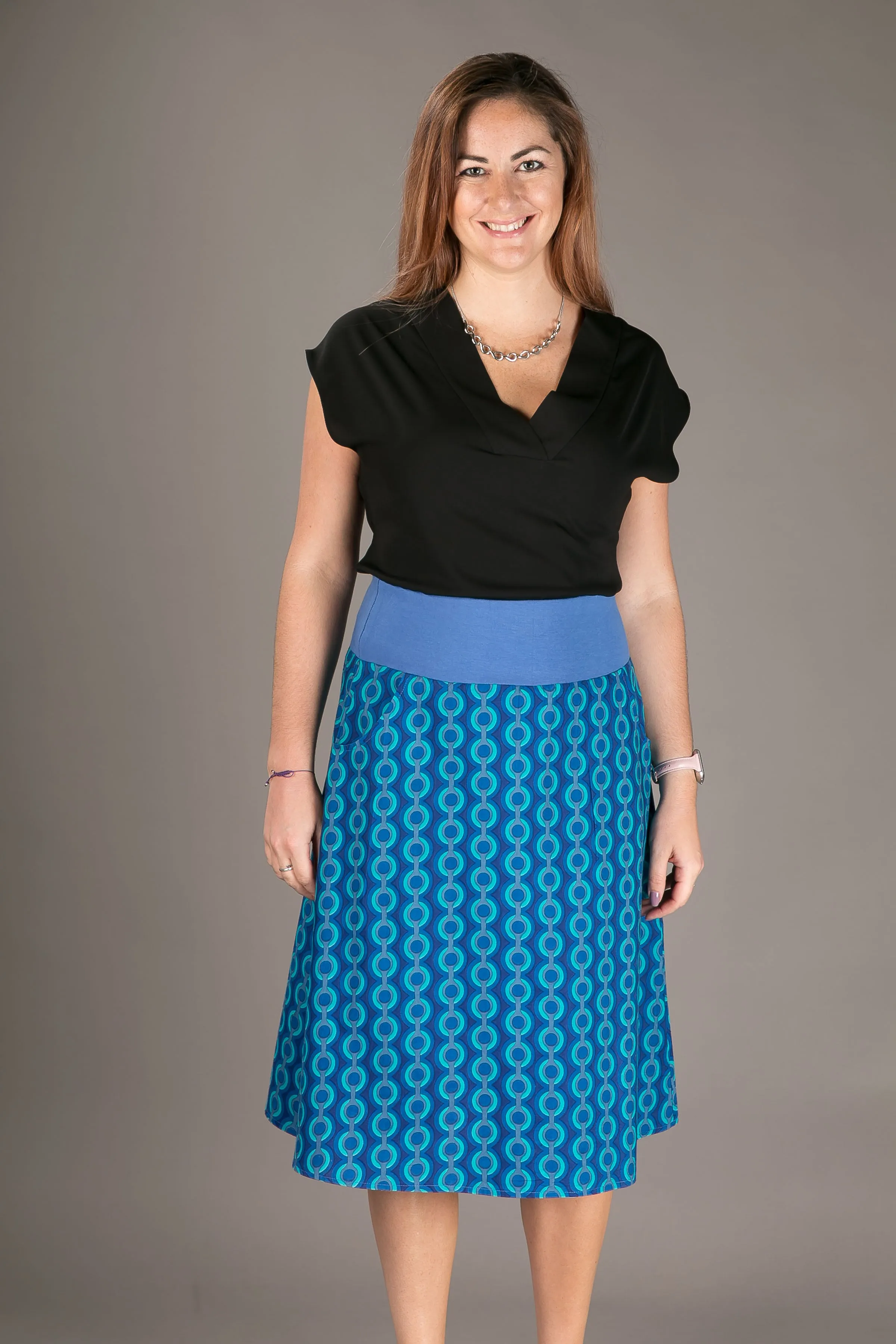 Reversible Midi Skirt Blue Floral Geometric Print with Pockets