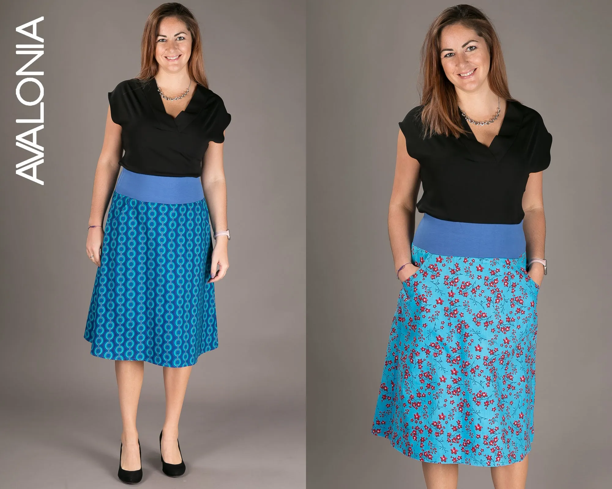 Reversible Midi Skirt Blue Floral Geometric Print with Pockets