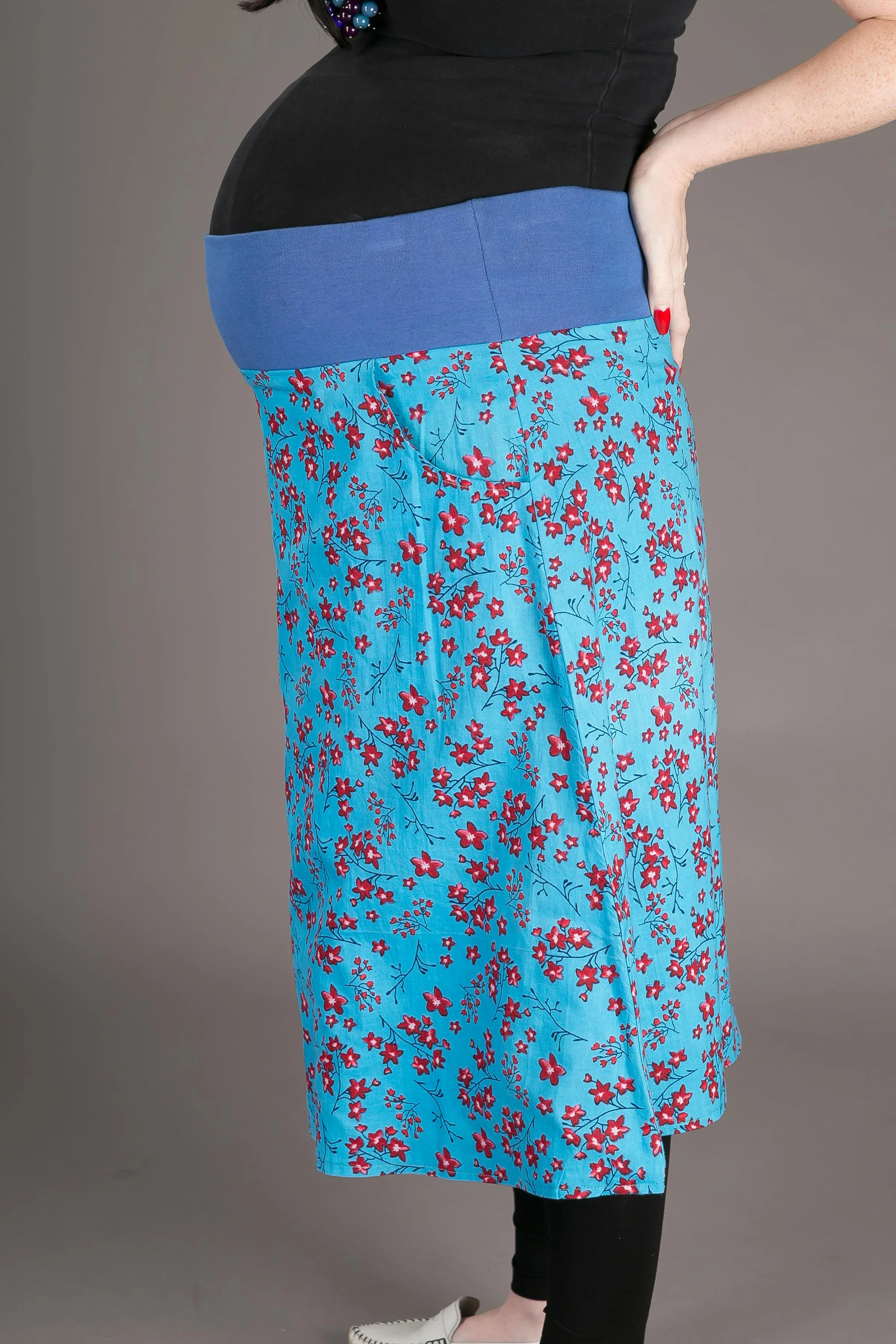 Reversible Midi Skirt Blue Floral Geometric Print with Pockets