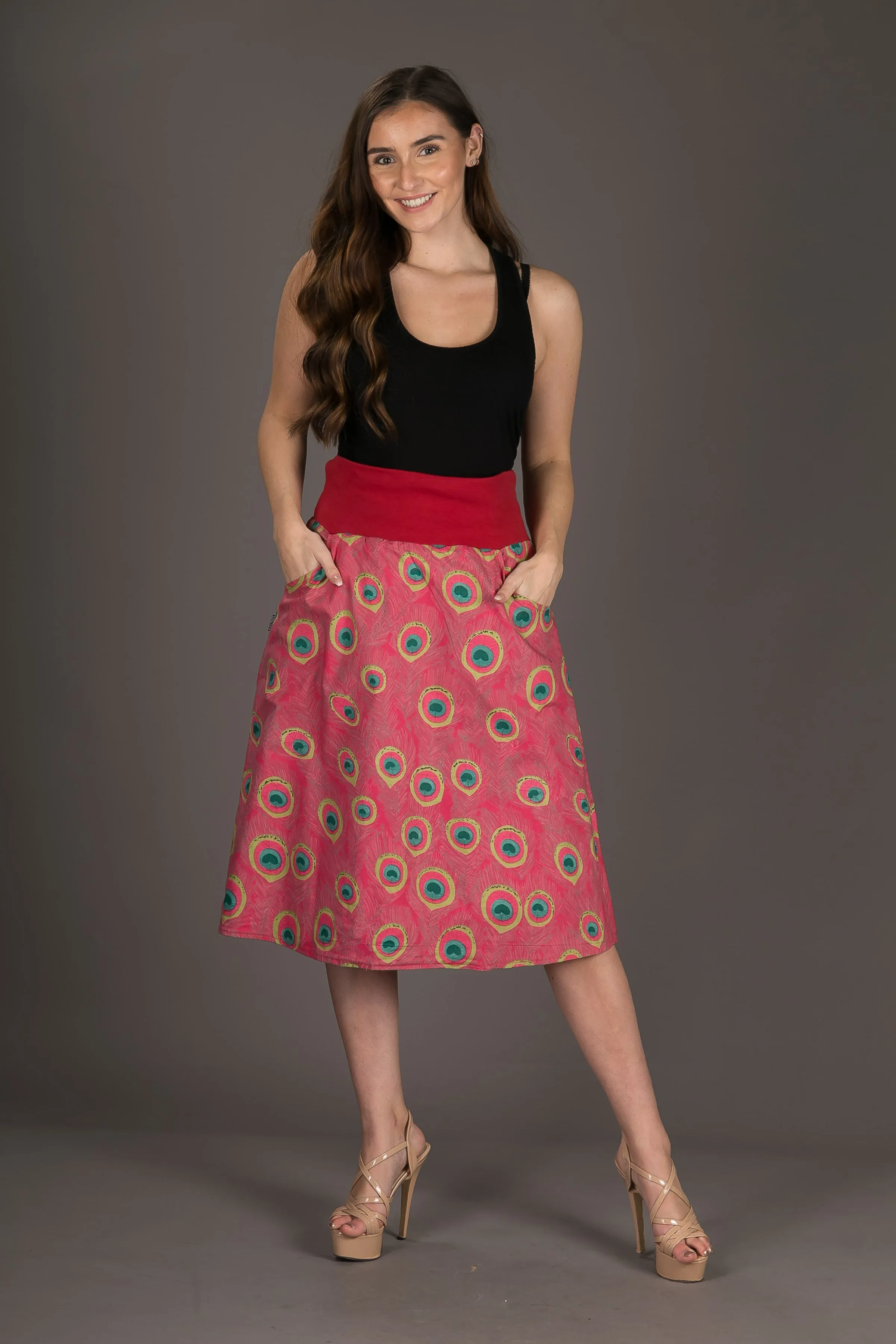 Reversible Midi Skirt Peacock Floral Print with Pockets