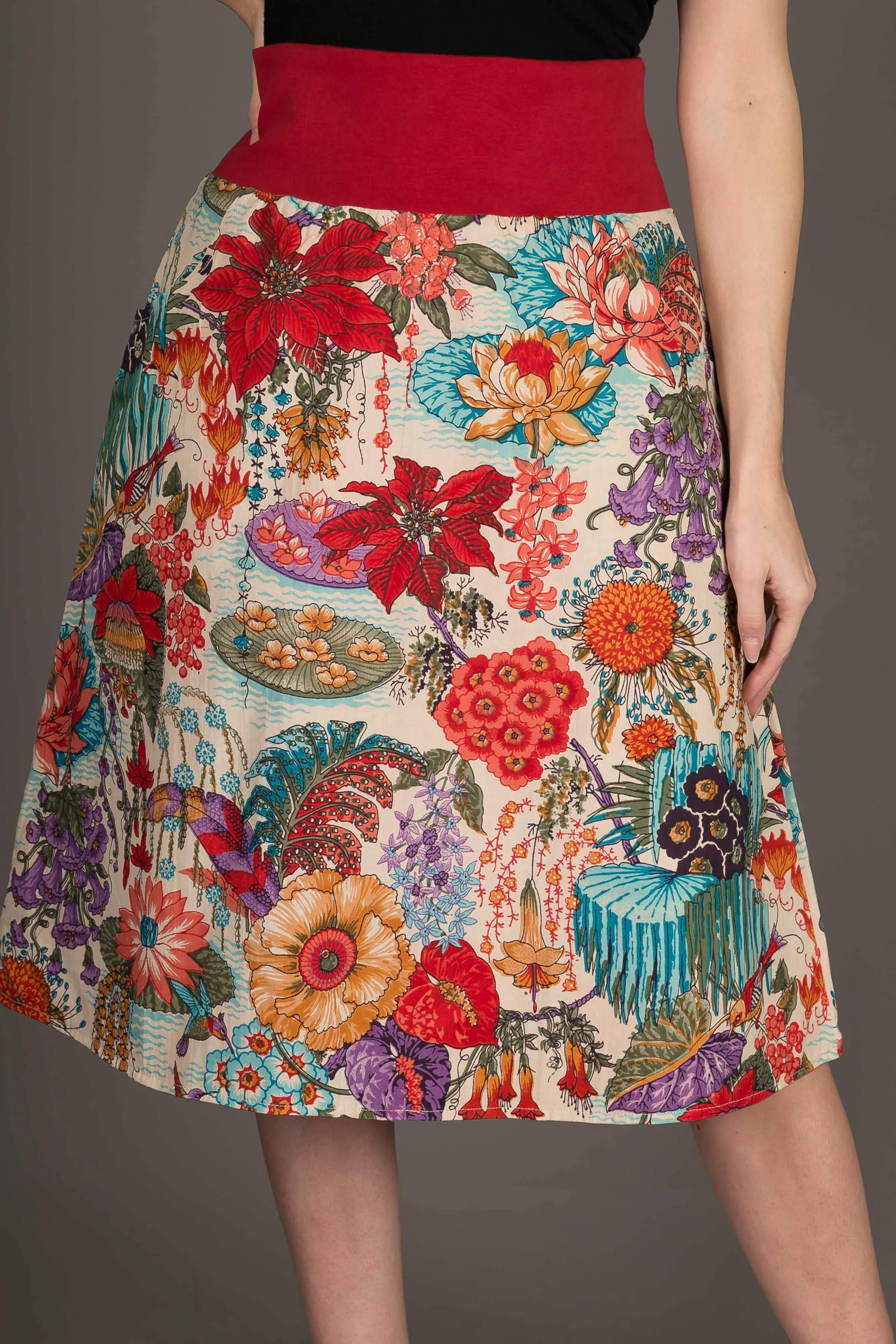 Reversible Midi Skirt Peacock Floral Print with Pockets