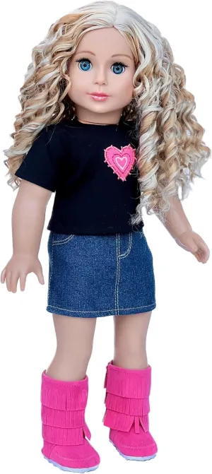 Rock Star - Clothes for 18 inch Doll - 3 Piece Outfit - T-Shirt, Denim Skirt and Hot Pink Boots