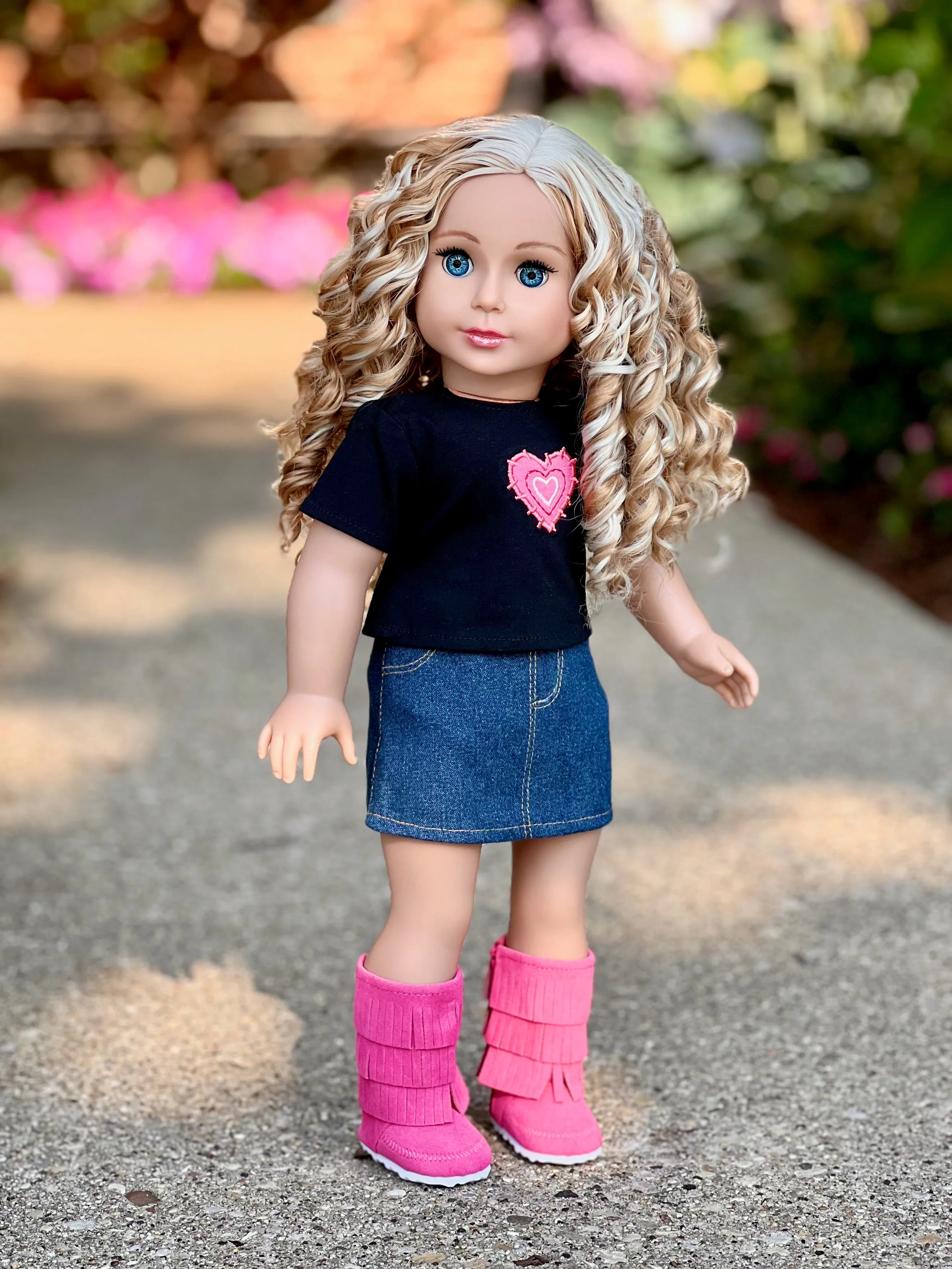 Rock Star - Clothes for 18 inch Doll - 3 Piece Outfit - T-Shirt, Denim Skirt and Hot Pink Boots