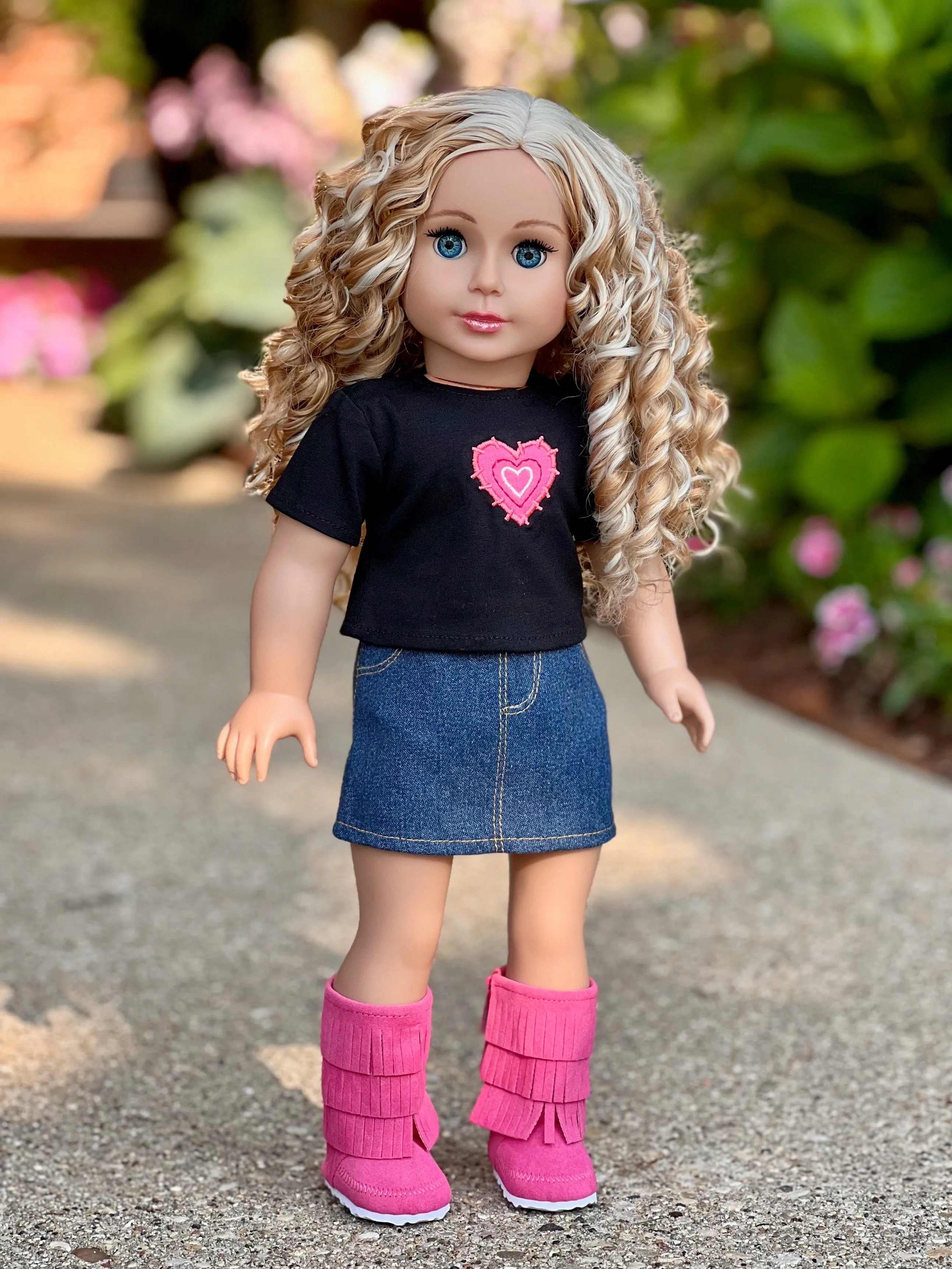 Rock Star - Clothes for 18 inch Doll - 3 Piece Outfit - T-Shirt, Denim Skirt and Hot Pink Boots