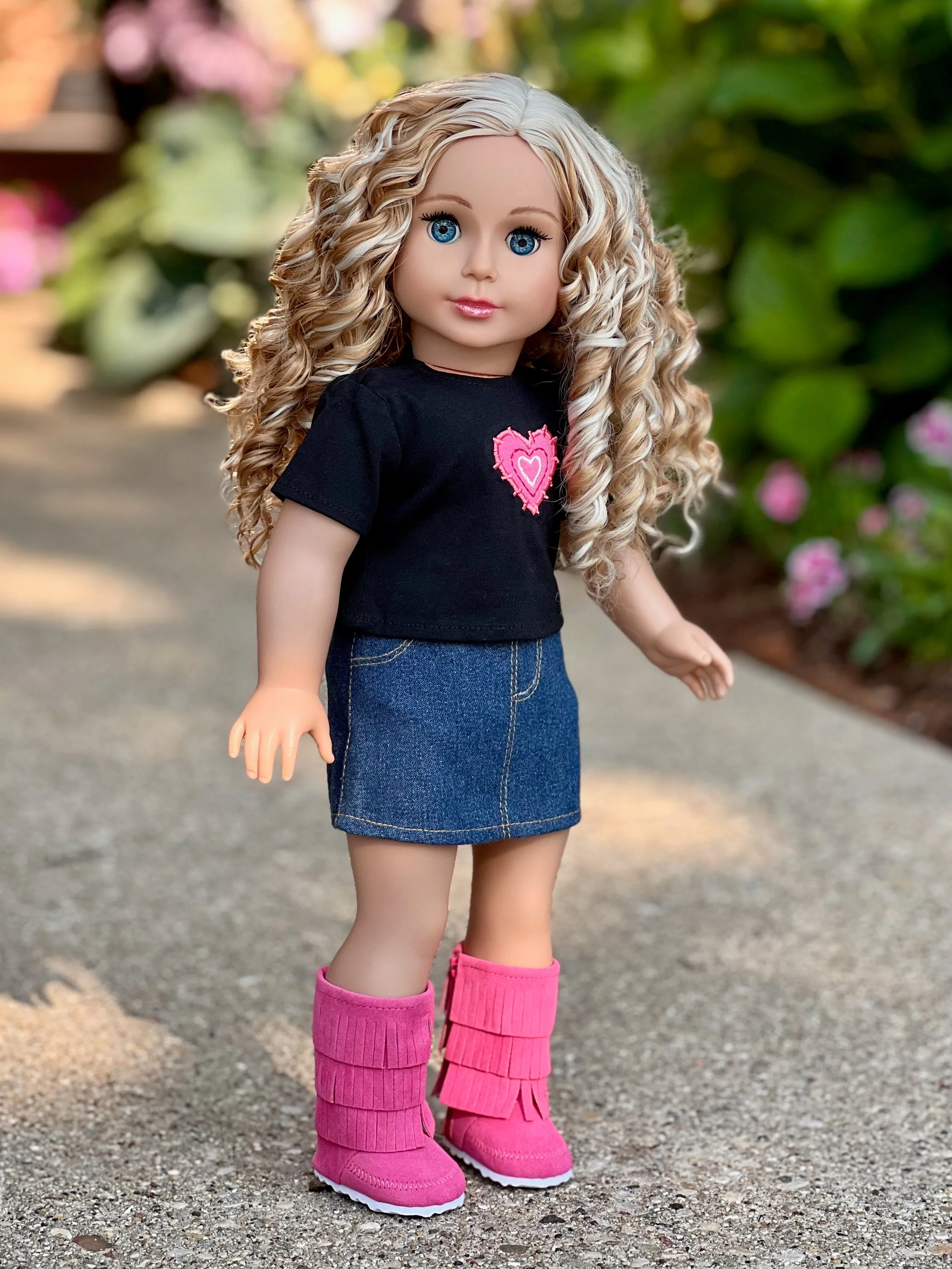 Rock Star - Clothes for 18 inch Doll - 3 Piece Outfit - T-Shirt, Denim Skirt and Hot Pink Boots