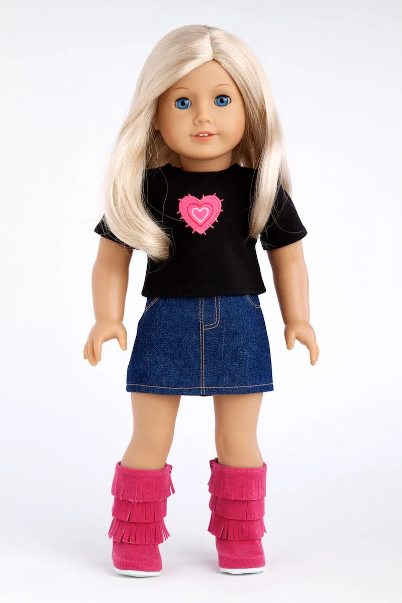 Rock Star - Clothes for 18 inch Doll - 3 Piece Outfit - T-Shirt, Denim Skirt and Hot Pink Boots