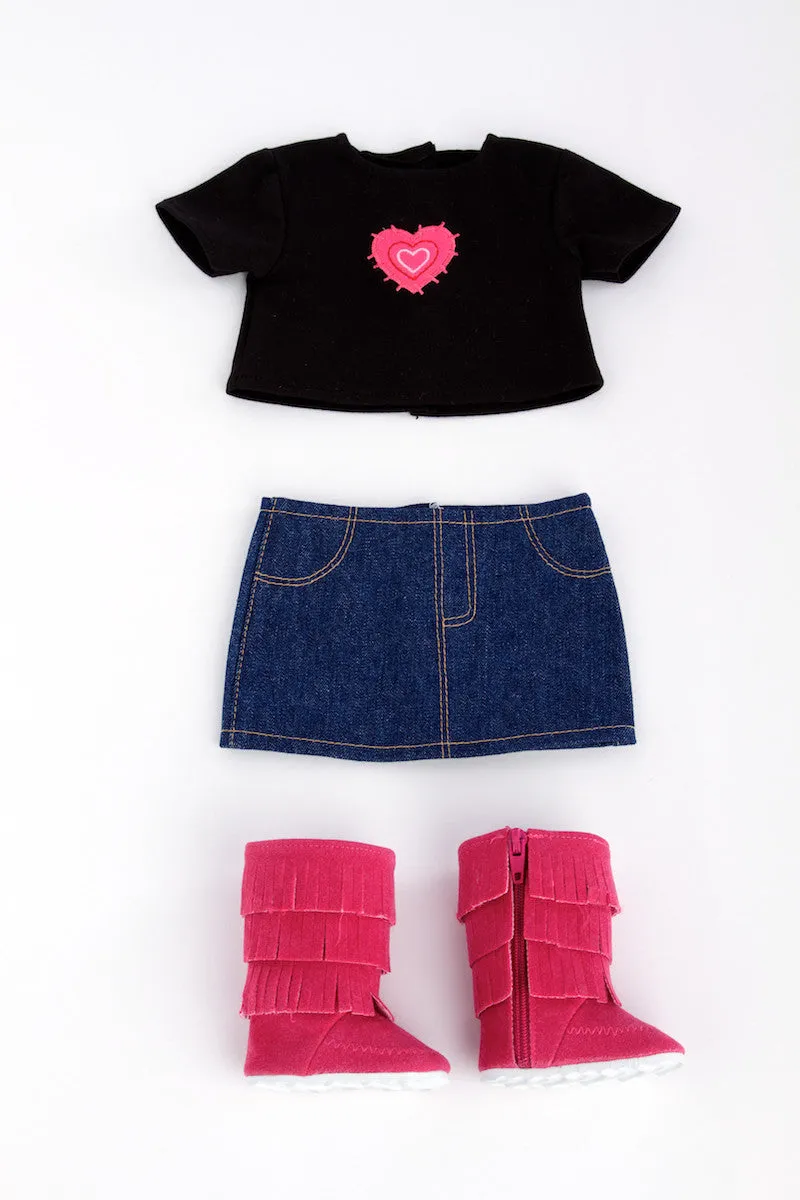 Rock Star - Clothes for 18 inch Doll - 3 Piece Outfit - T-Shirt, Denim Skirt and Hot Pink Boots