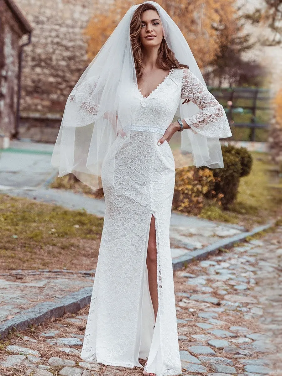 Sexy Maxi Mermaid Lace Elopement Wedding Dress with High Split