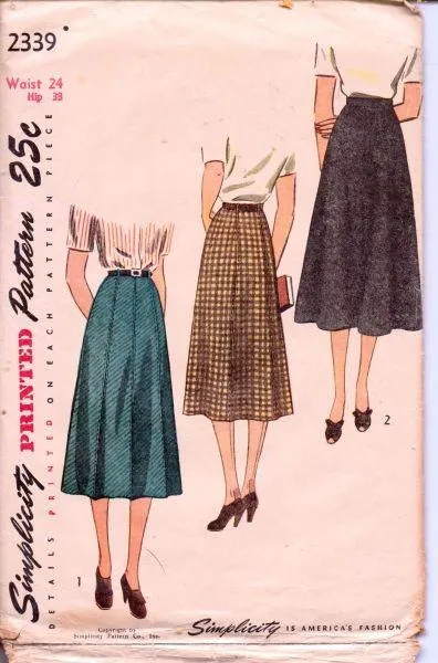 Simplicity 2339 Vintage 1940's Ladies Gored Flared Skirt Pleated Effect