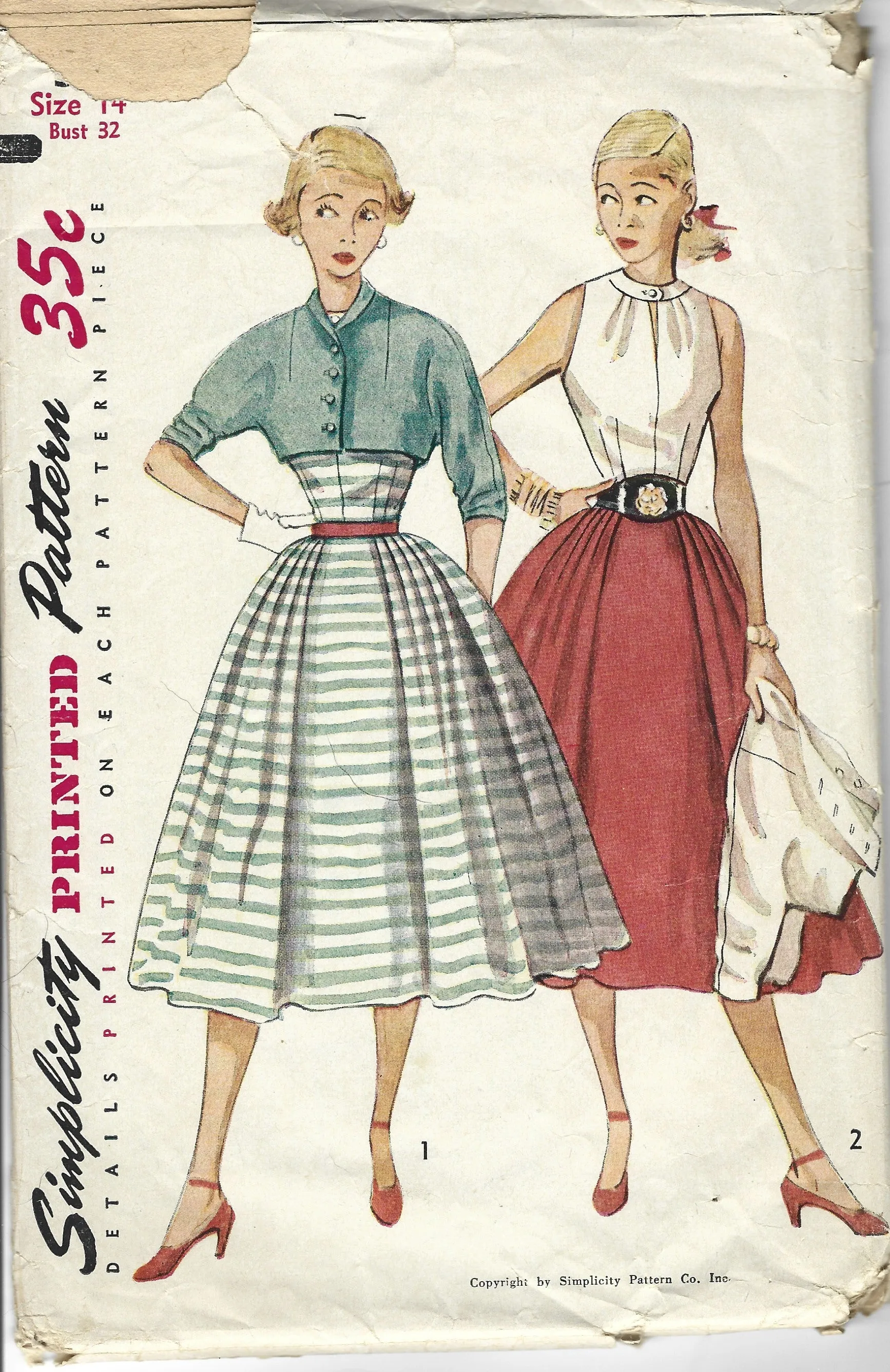 Simplicity 3860 Sleeveless Blouse Full Skirt Bolero Jacket Vintage Sewing Pattern 1950s