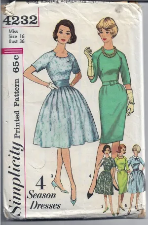 Simplicity 4232 Ladies Dress Raglan Sleeves Vintage Sewing Pattern 1960's