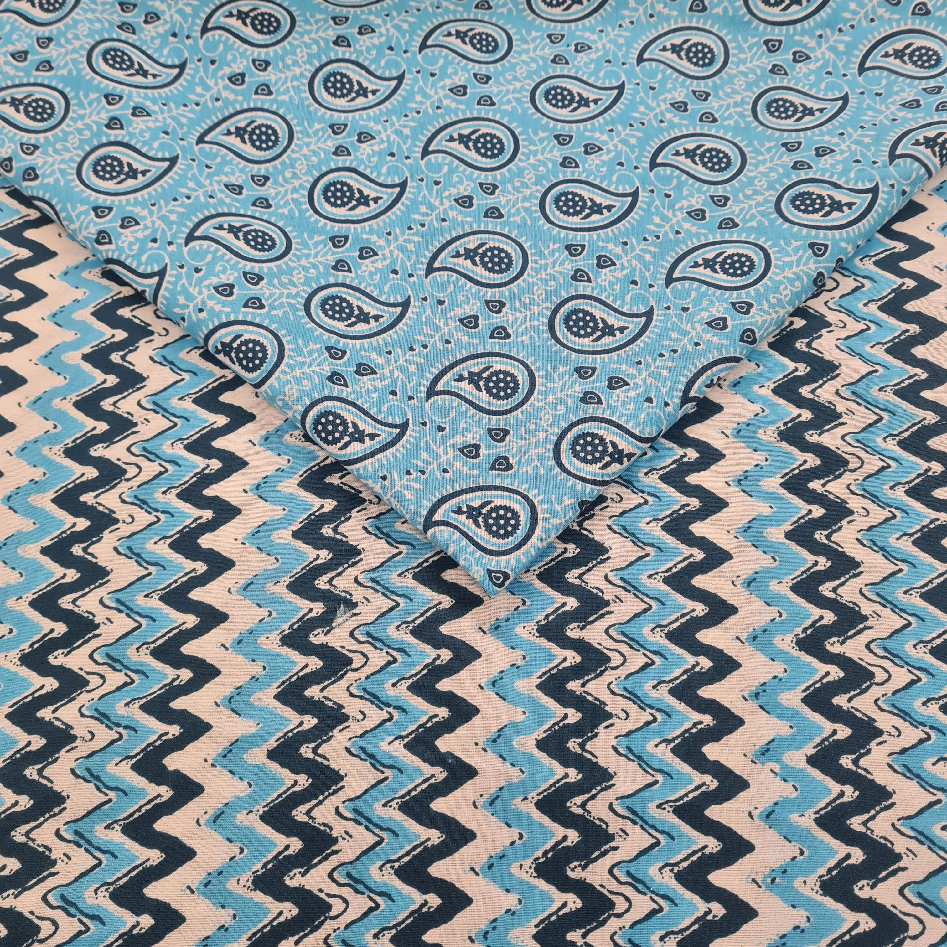 Sky Blue Paisley & White With Blue Chevron Print Poplin