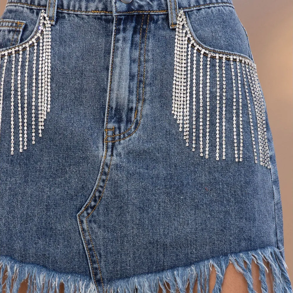 Spring Summer Women Skirt Rhinestone Fringed Sheath Denim Skirt Multi Color