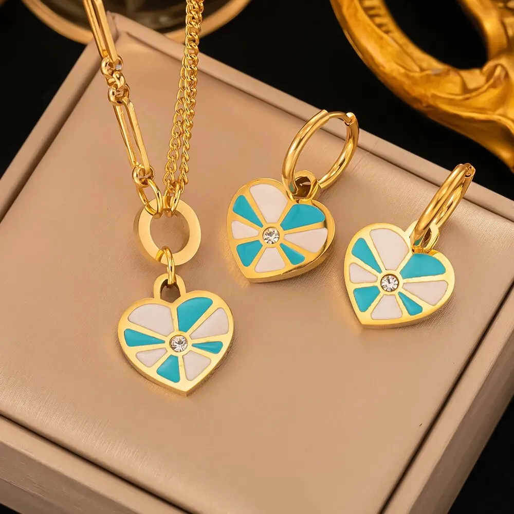 Stainless Steel Non-Fading Vintage Painted Flower Pattern Pendant Necklace Earrings Jewelry Set For Women and girl Gift.