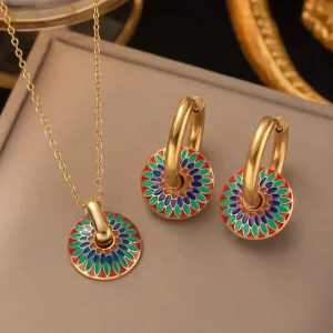 Stainless Steel Non-Fading Vintage Painted Flower Pattern Pendant Necklace Earrings Jewelry Set For Women and girl Gift.