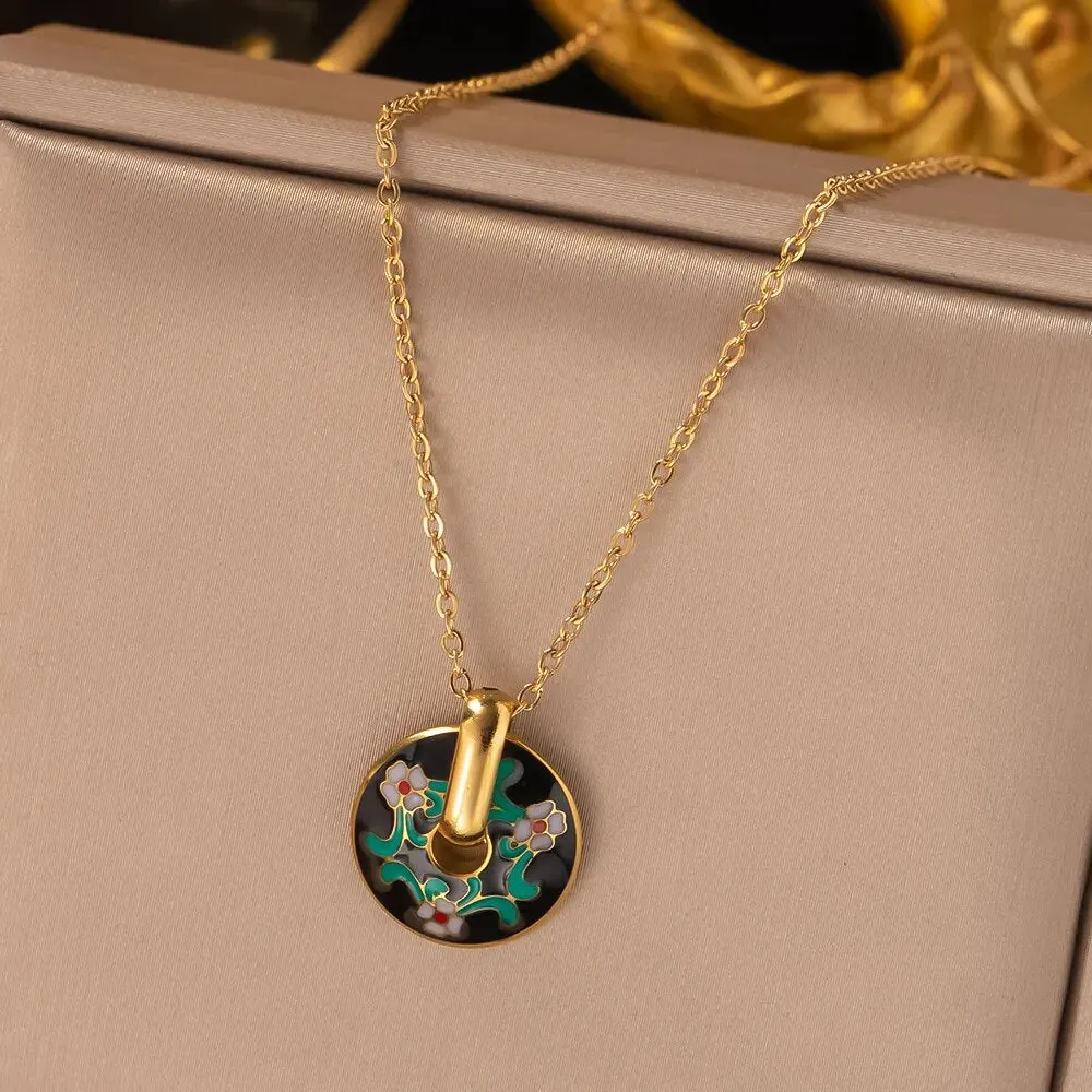 Stainless Steel Non-Fading Vintage Painted Flower Pattern Pendant Necklace Earrings Jewelry Set For Women and girl Gift.