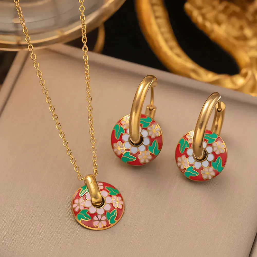 Stainless Steel Non-Fading Vintage Painted Flower Pattern Pendant Necklace Earrings Jewelry Set For Women and girl Gift.