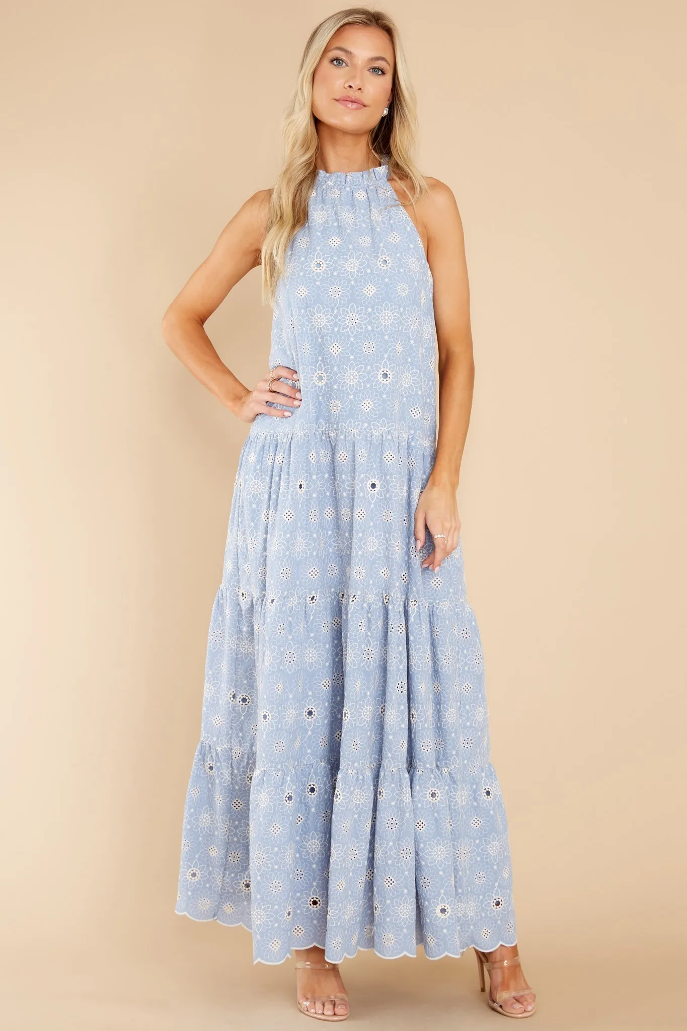 Sweet Excitement Dusty Blue Floral Eyelet Maxi Dress