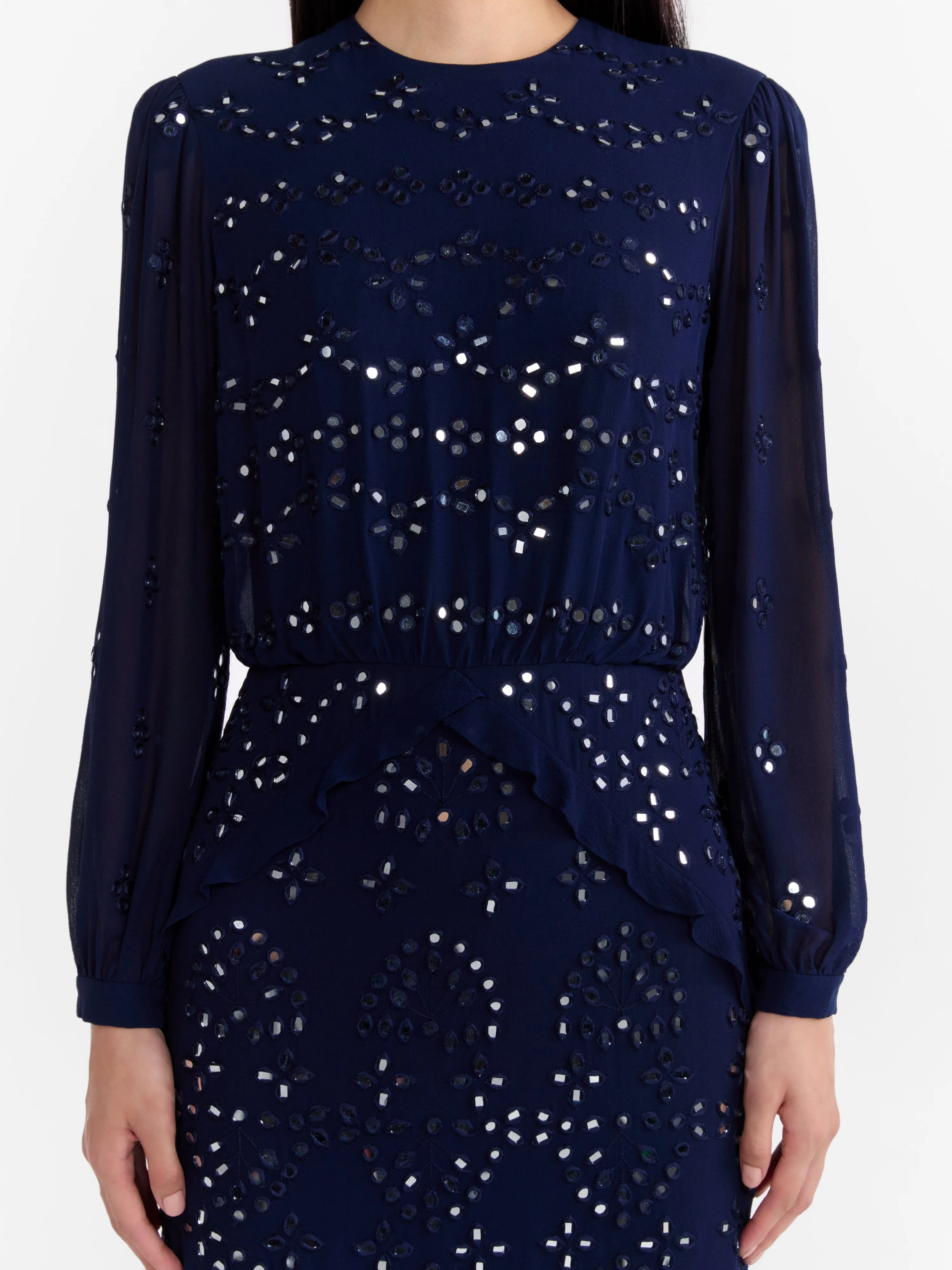 Venyx Isa Silk B Dress in Navy Ornate Mirror Embroidered