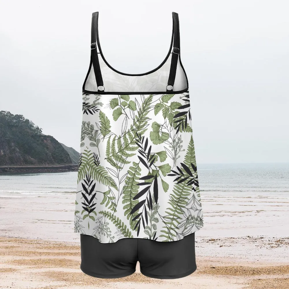 Women's Plus Size Leaf Print Split Strap Long Top And Shorts Swimsuit Swimwear Beachwear Set - 2 colours available