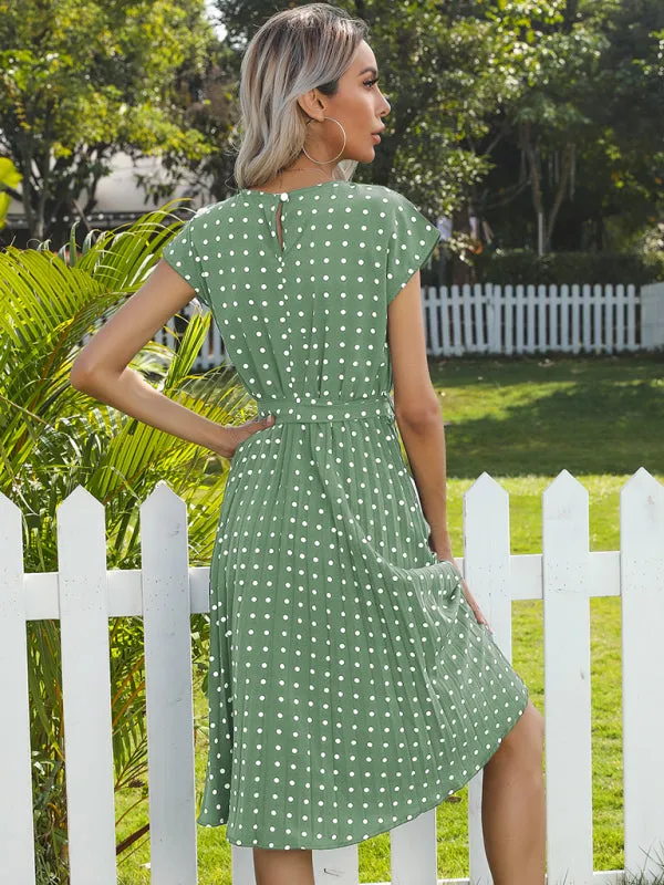 Women's Polka Dot Short Sleeve Pleated Midi Dress