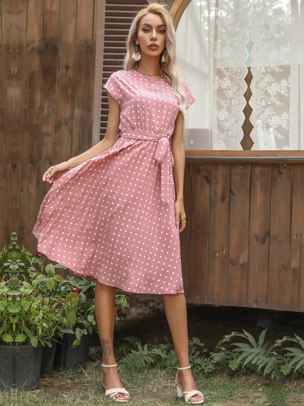 Women's Polka Dot Short Sleeve Pleated Midi Dress