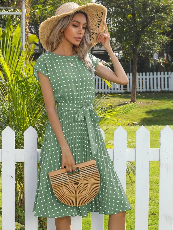 Women's Polka Dot Short Sleeve Pleated Midi Dress