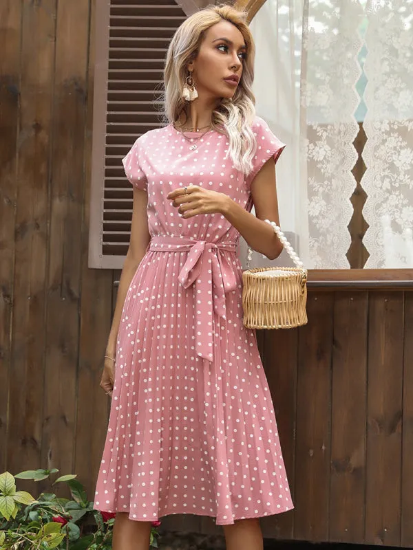 Women's Polka Dot Short Sleeve Pleated Midi Dress