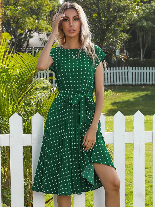 Women's Polka Dot Short Sleeve Pleated Midi Dress