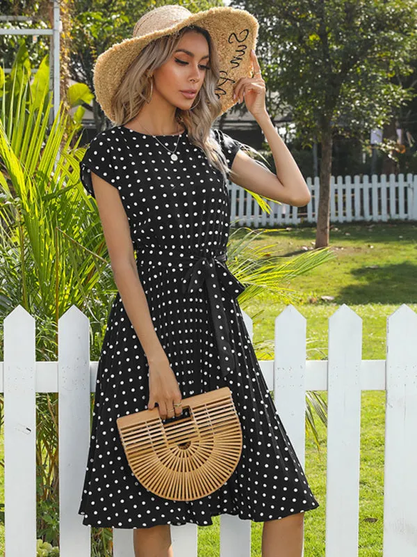 Women's Polka Dot Short Sleeve Pleated Midi Dress